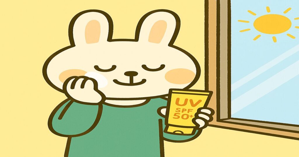 白衣を着た薬剤師うさぎのみどりんが、晴れた日の屋内で鏡を見ながら日焼け止めクリームを顔に塗っている様子。外出前の紫外線対策をしている姿を描いたイラスト。